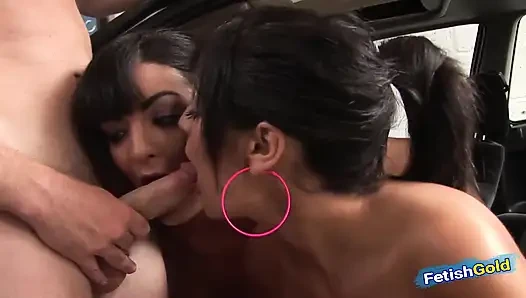 Dirty older guy gets full service at car wash and fucks two busty brunettes