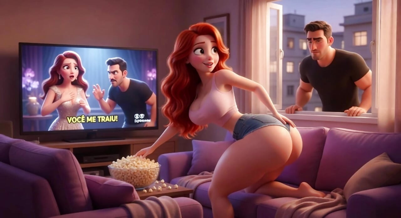 Voluptuous Redhead's Open Window Tease Leads to Passionate Sofa Encounter with Neighbor (AI generated)