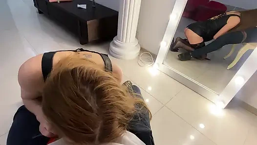 While walking on a leash, the slut gave her master a deep, slobbery blowjob