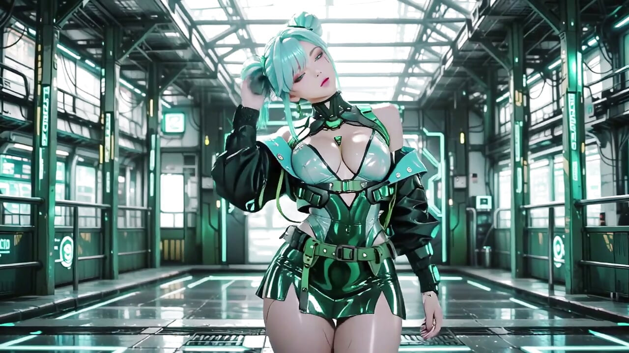 The Green Armored Girl! Silver-haired Valkyrie kneeling and glancing back, fingertips tracing her cold metallic suit.