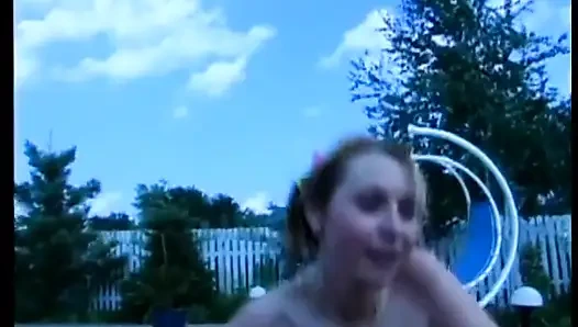 Sexy slut gives bj by the pool and takes facial cumshot on lawn chair