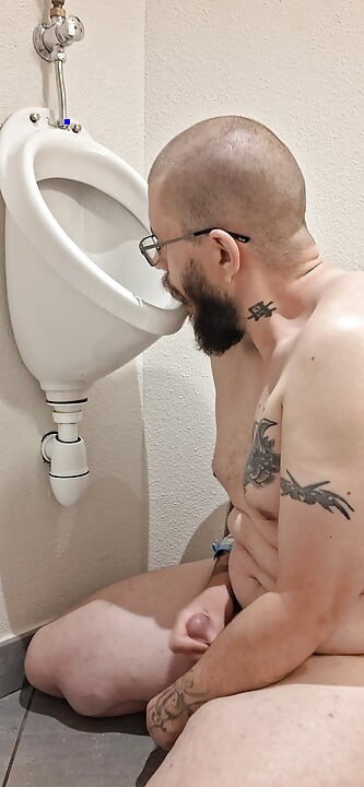 Public urinal licking squirt in