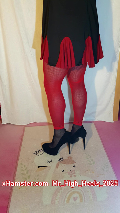 Red with black shoes.