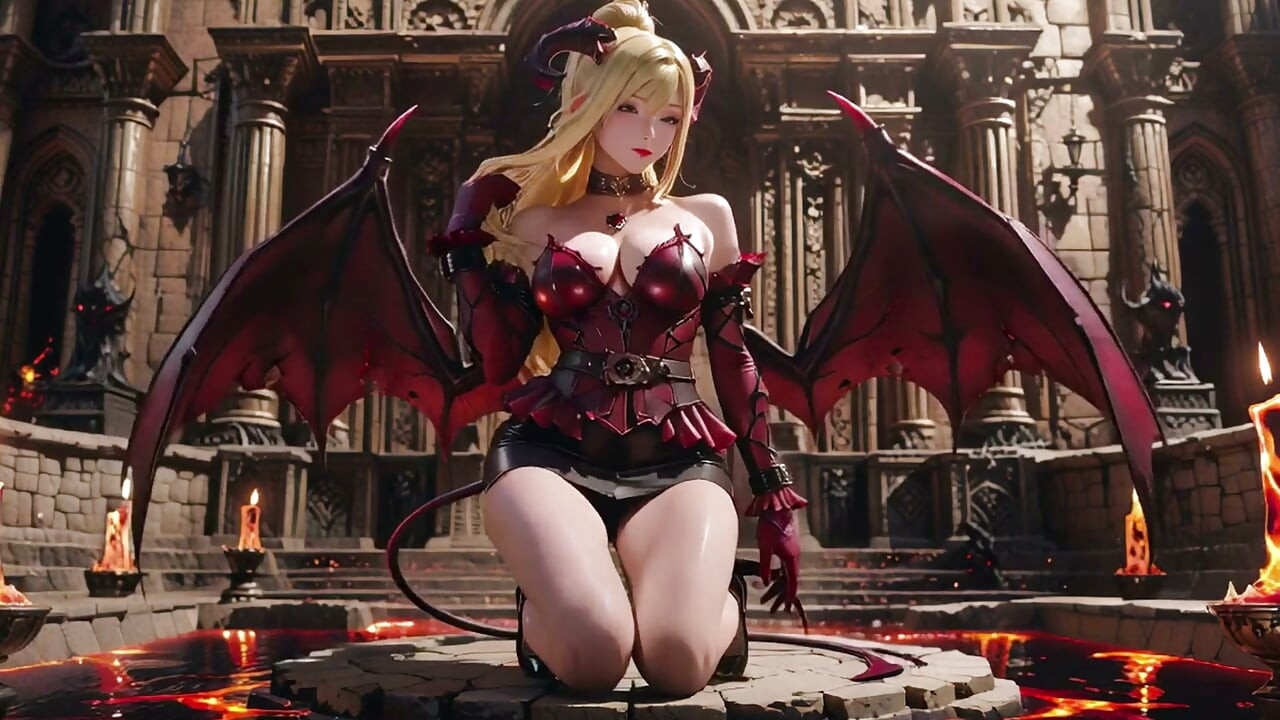 Lava Throne! Blonde Demon Queen Kneels & Spreads Her Wings, Lazy Tease with a Glass.