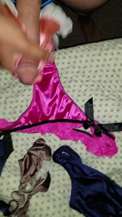 Pink satin thong cum