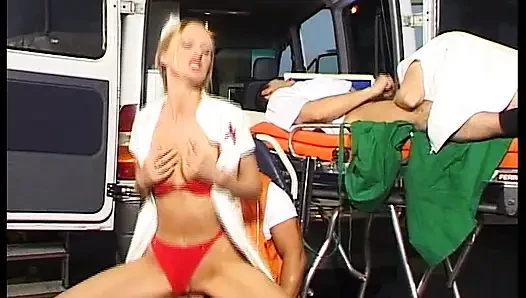 Magnificent blonde German nurses sharing dicks in ambulance van