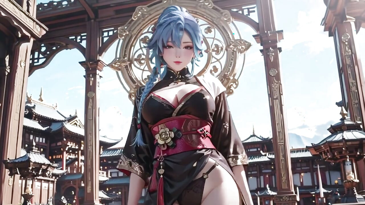 Blue Haired Swordswoman! Standing Barefoot on Floating Clouds in a Black Red Kimono!