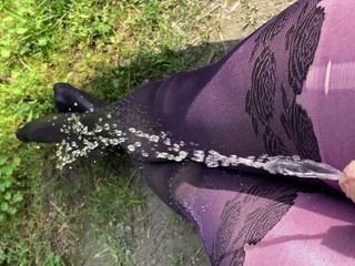 Crossdresser pissing & cumming outside on purple pantyhose