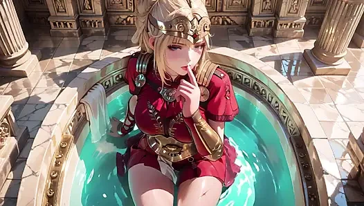 Red Armor Queen! Forbidden Gaze in the Roman Corridor, Skirt Lift Reveal, Hand on Lips Teasing You...