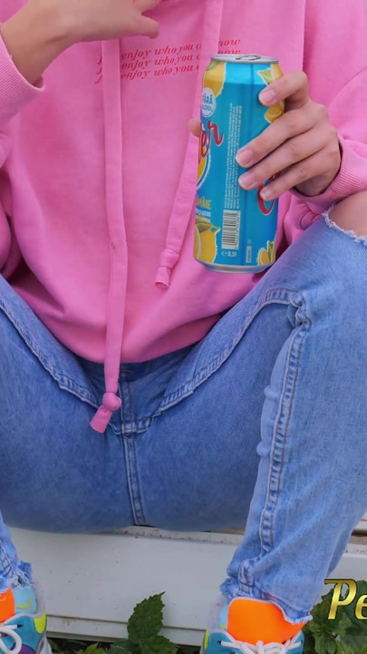 Hipster girl pee in her jeans - changing her wet shorts into dry pants
