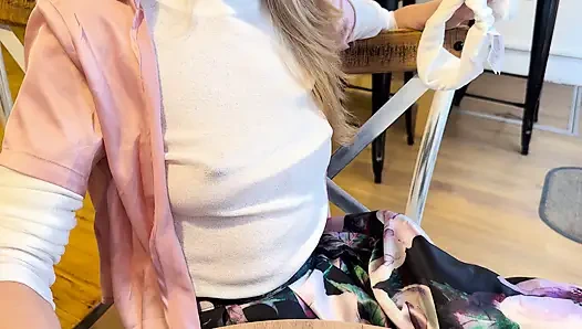 Extremely sexy white sheer blouse exposing my big hard pierced nipples in a coffee shop