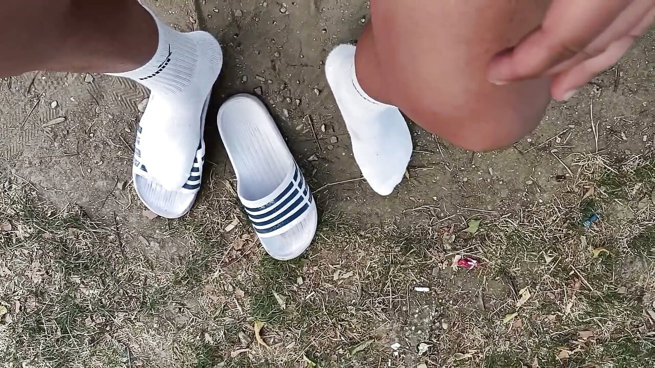 Making Socks Dirty in Slides - Used Socks and Slides and Uncut Soft Cock