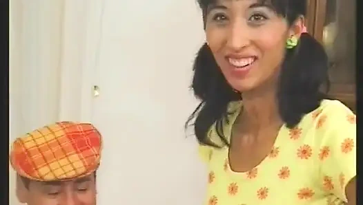 Skinny brunette chick with small tits gets jizzed on her hairy pussy