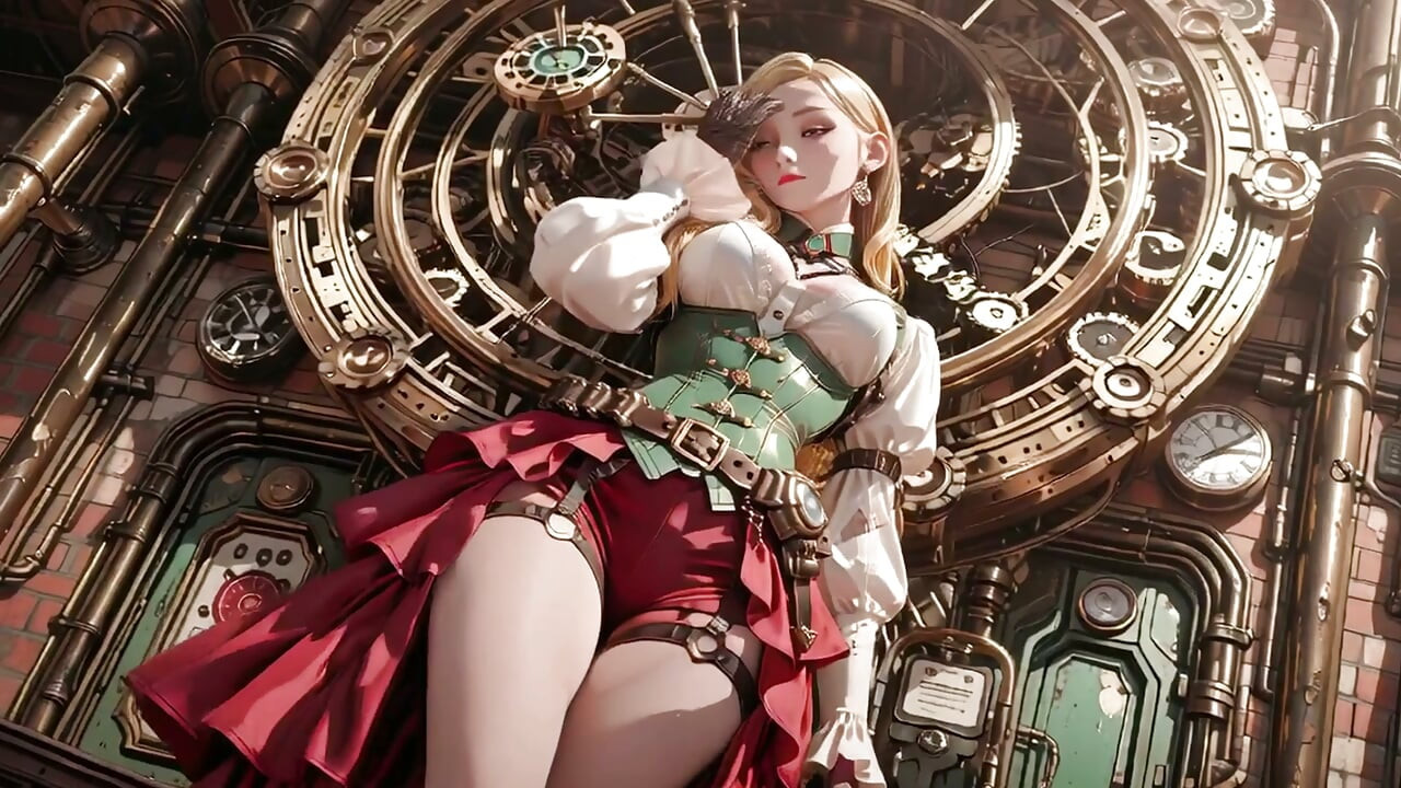 Sekretarka blondynka w stylu steampunk! Leniwe pozy wśród wielkich kół zębatych, poprawiająca gogle z prowokującym spojrzeniem.