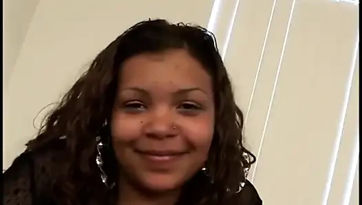 Long-haired black babe motorboards black dude's big cock in her huge DD tits