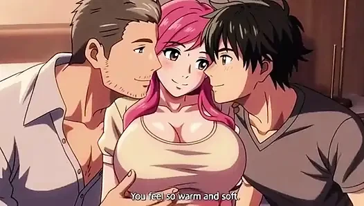 Two boy and one girl threesome in hotel room