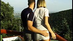 Short haired honey with nice tits sucking and fucking long dick on balcony