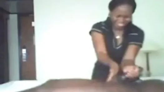 Ebony massage and handjob cumshot