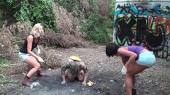 brat girls train their slave doggy outdoor