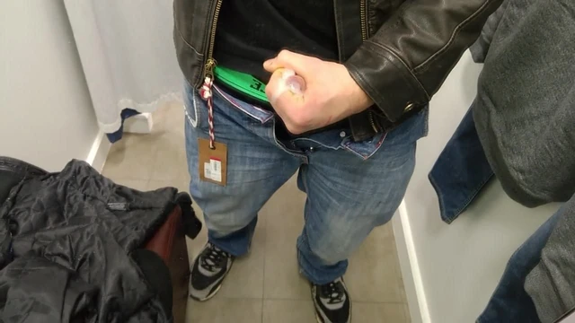 cheeky leather jacket wank in fitting room
