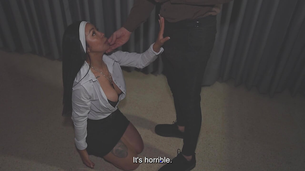 A horny nun welcomes her new priest by deep-throating his thick cock until he cums!