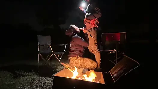 Wife caught masturbating in public restroom, then fucked by the campfire