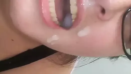 Wife's first blow bang ends with a big cum swallow!