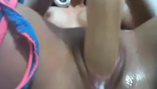 Latina uses big toy in pussy upclose till she cums , creams