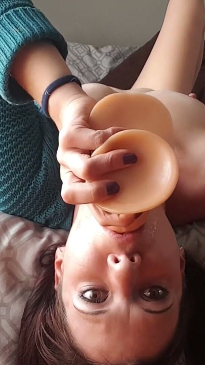 Skinny girl getting very sloppy, deepthroating her own throat with a dildo | Clip 1