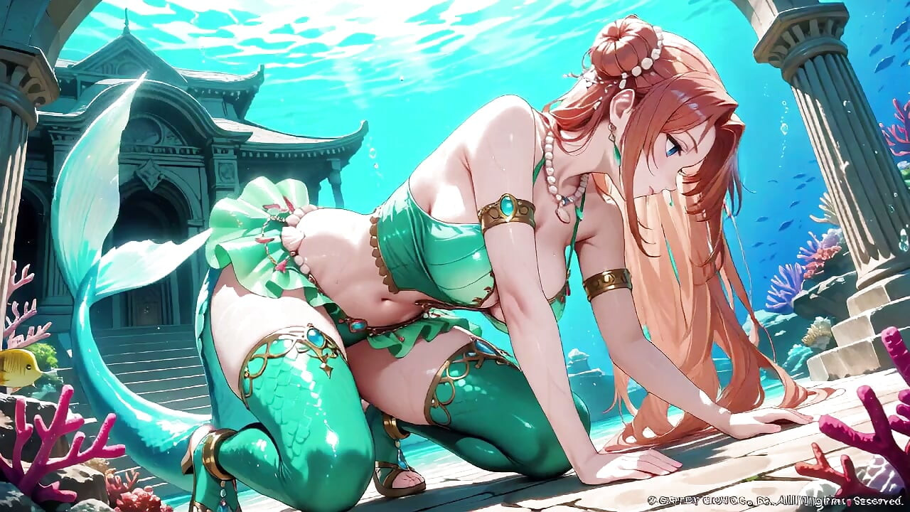 Princesa sirena pelirroja en su tour privado por el palacio submarino, bikini verde que abraza sus curvas, botas de tacón sobre la arena suave,