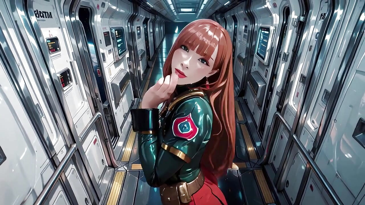 Inside the Sci-Fi Train, she wears a tight green armor, touching her red lips while gazing at the galaxy through the porthole.