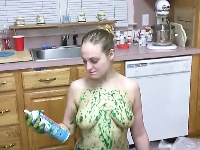 Sexy Big Tits Brunette Strips and Plays with Applesauce and Whip Cream