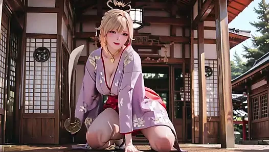 Dewi pirang di koridor Jepang, tatapan malas, tangan di pinggul, sinar matahari membasahi kulitnya