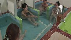 Japanese babes take a shower and get fingered by a pervert guy