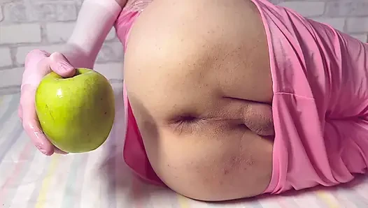 A Big Apple in Femboy's Anal. Close Up Wide Hole - Stretching, Gaping, Farting