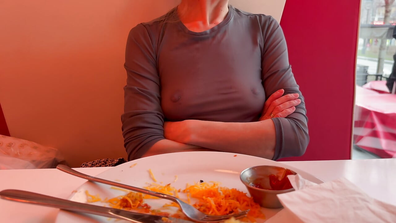 Having lunch in a restaurant wearing totaly sheer top exposing my pierced nipples and sexy boobs