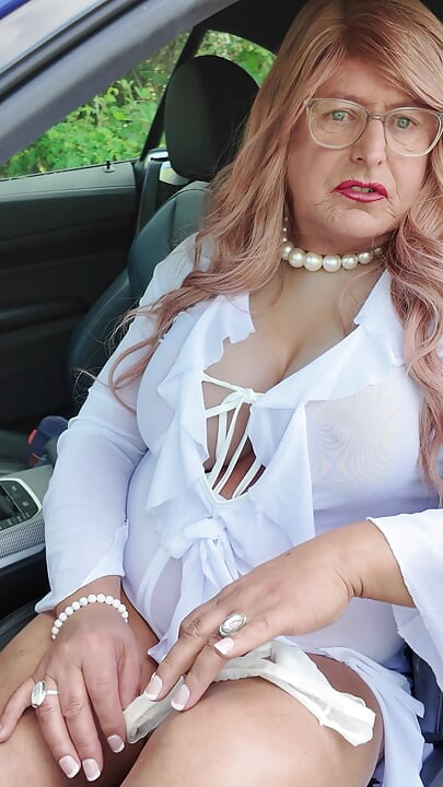 Crossdressing kellycd2022 car drive in my white see thru dress and heels