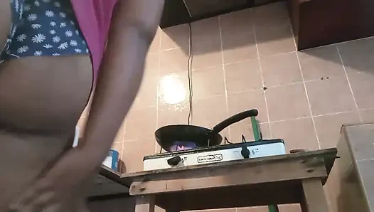 Fat buttock cooking in panties and shows hairy