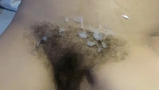 My beautiful wife shows off her hairy pussy full of cum, full loads, great compilation