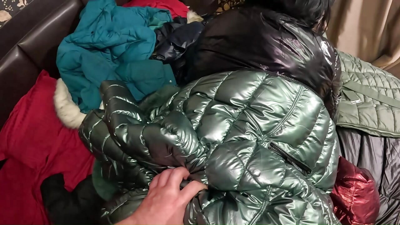 Shiny Downjacket Fetish MILF. Multiple Jackets, Rough Fuck and Cum All Over My Coat