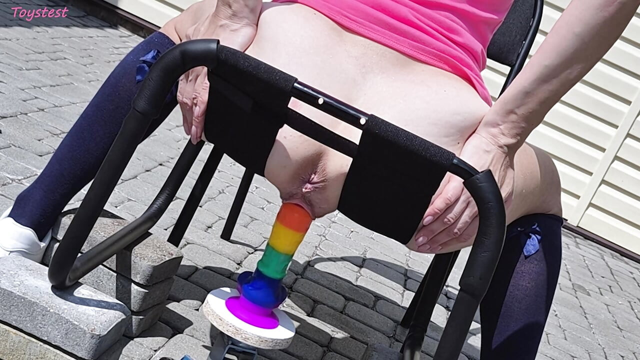Insertion Fetishes. Car Jack Mounted Rainbow Huge Dildo Goes in Stepsister's Big Labia