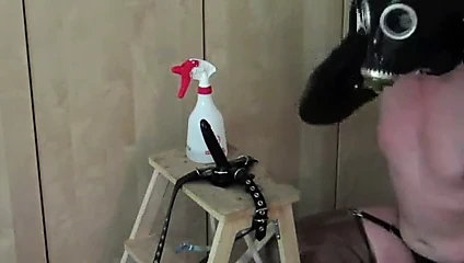 Chastity belt hands free prostate orgasm in gasmask