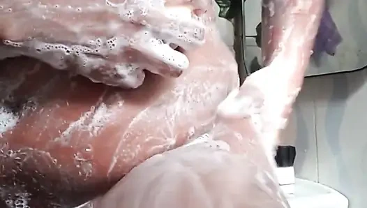 In the Shower Bathing, Massaging Boobs and Fingering Pussy Ass in Doggy Style