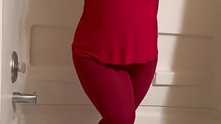 Hot girl desperate to pee in tight red yoga pants