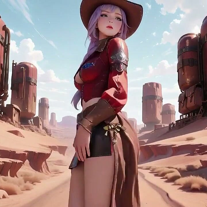 The Deadly Glance in the Desert Sunset. Shouldering a Rifle yet Hiding Her Heaving Chest.