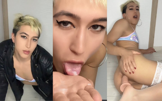 Falando putaria, femboy dildo fodendo e comendo porra