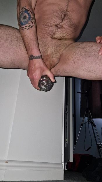 Milking my own cock with a huge but plug in my ass