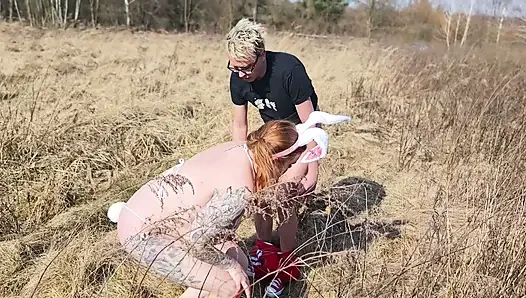 Polish Rabbit Fucked in the Field. He Sucks Cock Until He Cums on His Tits