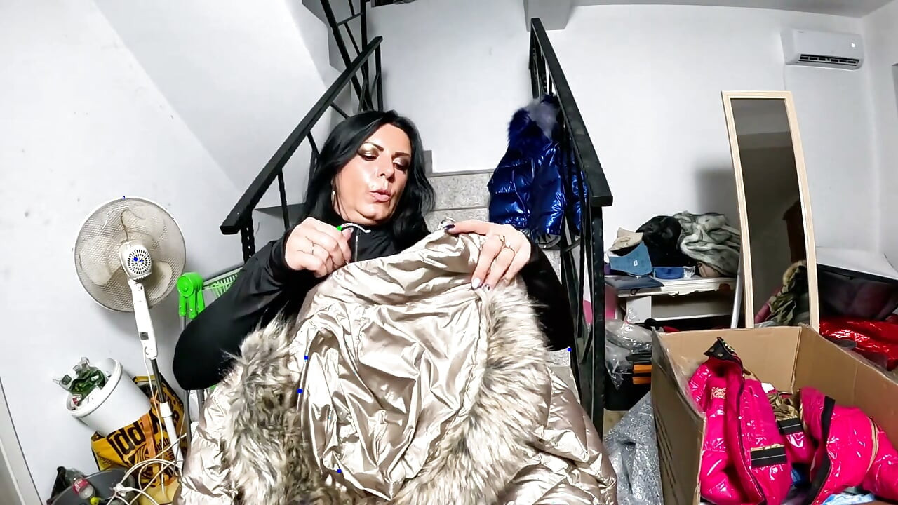 Dominant MILF Fur Hooded Downjacket Masturbation. Spandex Cameltoe, Smoking and Orgasm