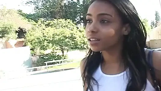 Ebony teen gets her mouth and tight cunt pounded hard by man with huge cock